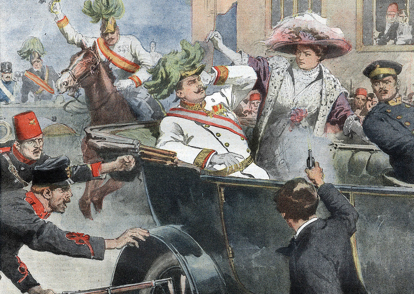 Assassinat de l'archiduc heritier d'Autriche Francois-Ferdinand (Franz Ferdinand ou Francois Ferdinand) et de la duchesse sa femme à Sarajevo - in "la Domenica del Corriere" du 12/07/1914. Assassination of Franz Ferdinand, 1863-1914 Archduke of Austria, and his wife Sophie, in Sarajevo, Bosnia, 28 June 1914, ©Bianchetti/Leemage