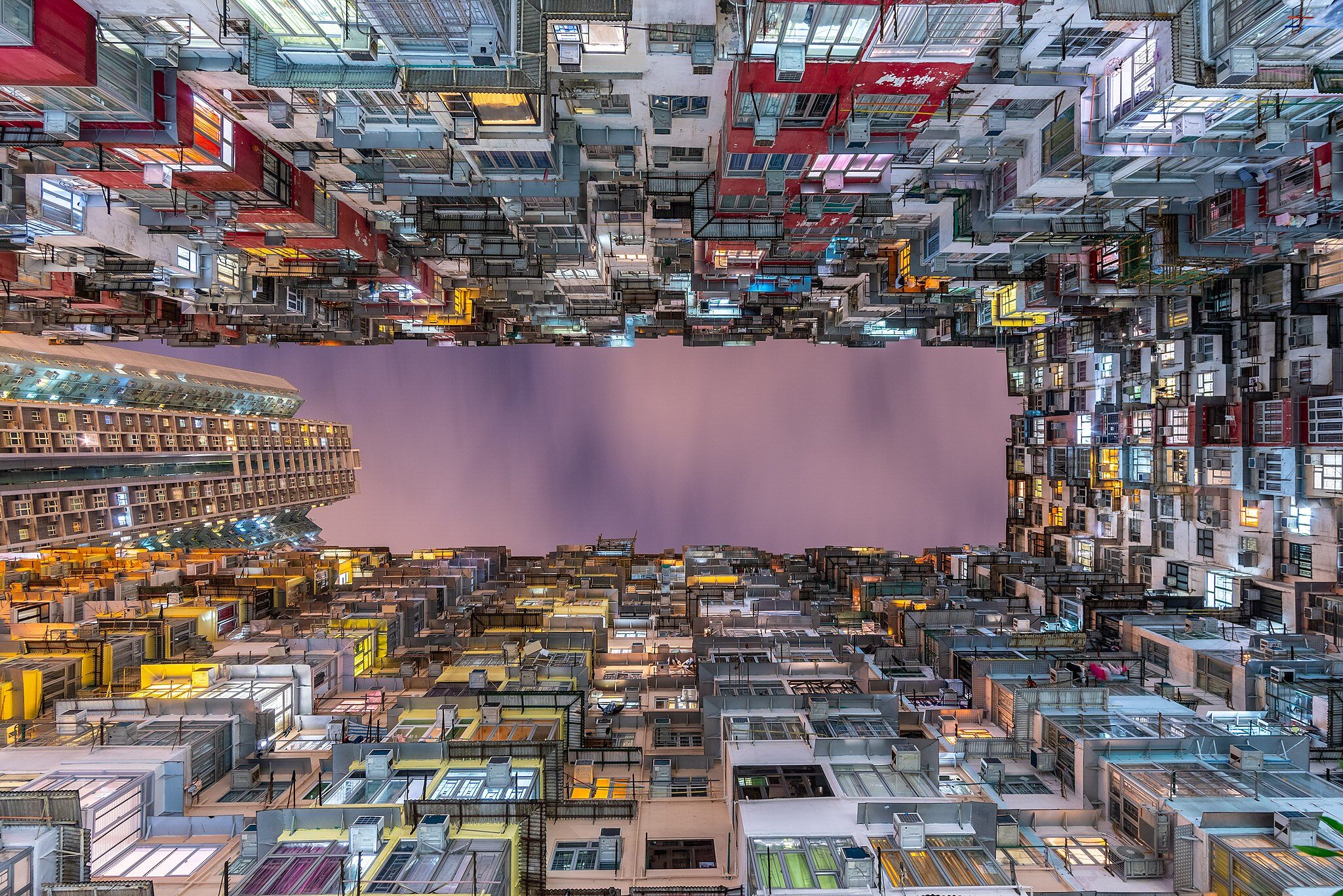 Looking upward at the now famous monster building (Yick Cheong building), a typical example of dense apartments construction, in Quarry Bay, Hong Kong.