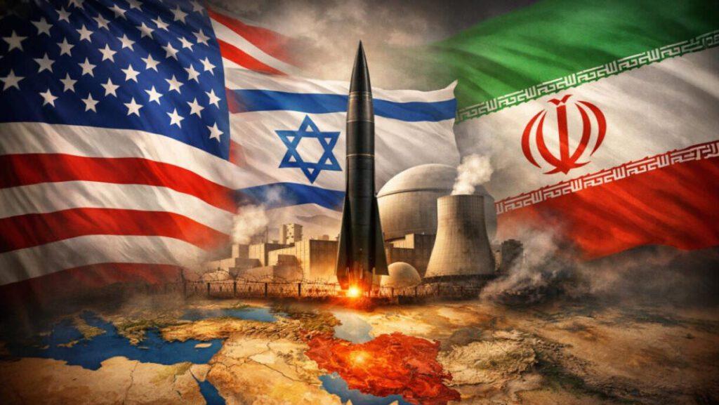 in basso compare stesa una cartina geografica con al centro l'Iran, sullo sfondo tre bandiere da sinistra a destra: la bandiera americana, la bandiera di Israele e a destra la bandiera dell'Iran, al centro della foto in primo piano c'è un missile balistico pronto a partire e dietro al missile una centrale nucleare