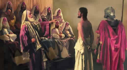 Scena dell'interrogatorio di Gesù da parte di Caifa