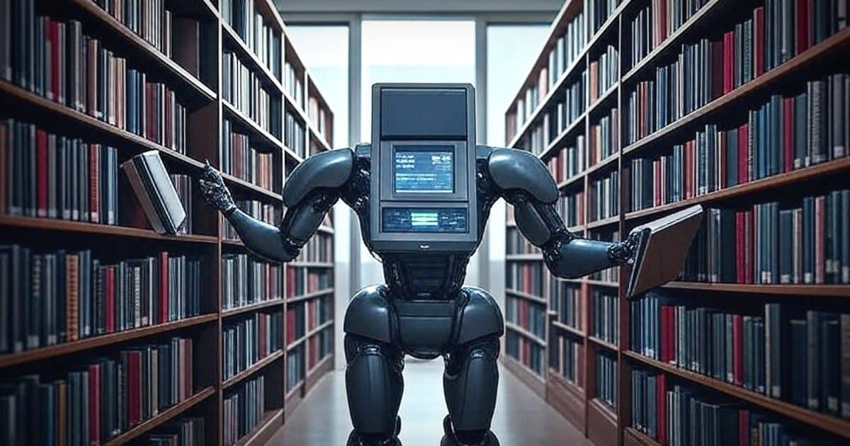robot sceglie libri in una biblioteca