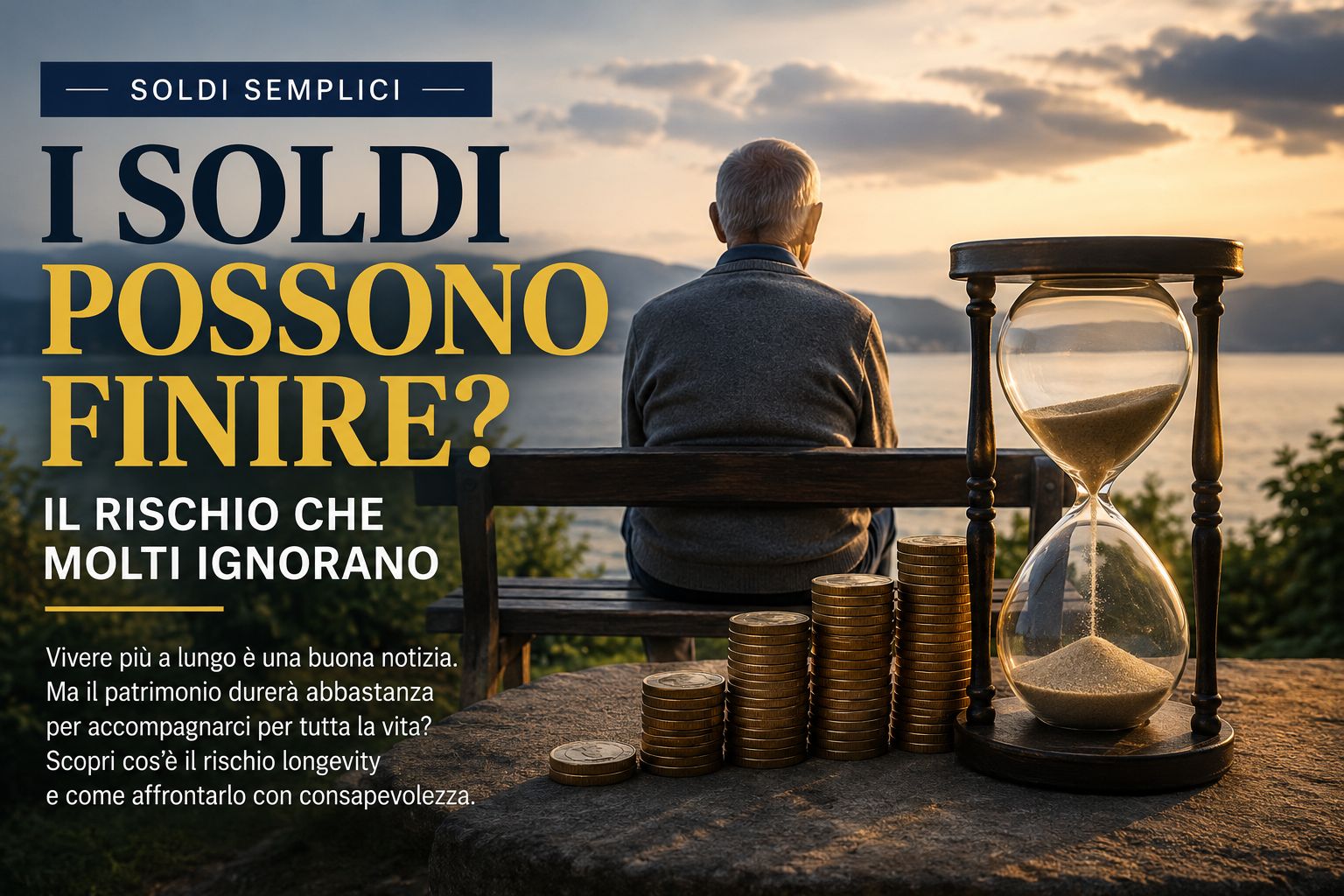 Pensionato osserva i propri risparmi e riflette sul rischio di esaurire il denaro durante la pensione a causa della maggiore aspettativa di vita.