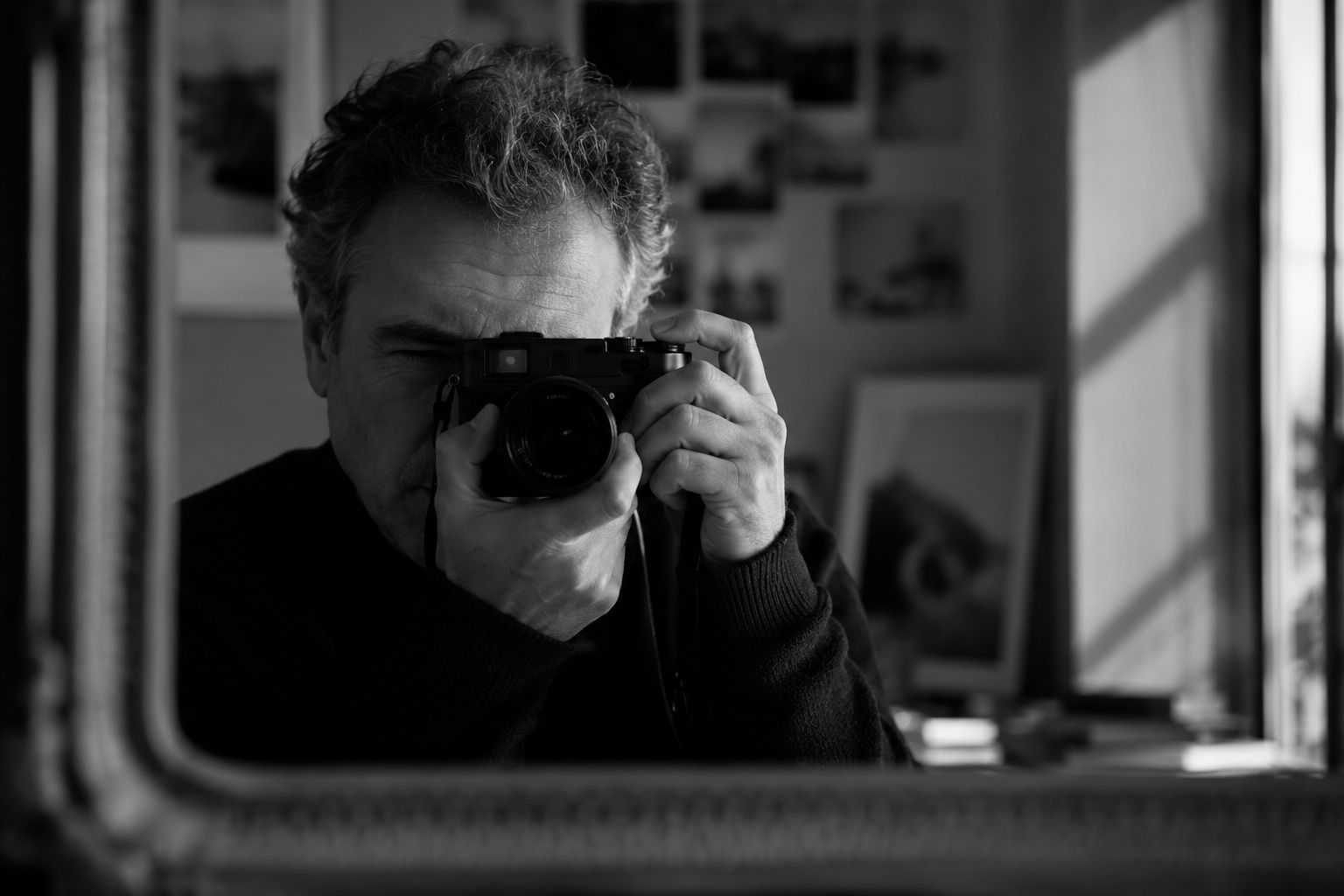 Autoritratto in bianco e nero di un fotografo con fotocamera professionale, simbolo della rubrica Fotografia Mon Amour sulla fotografia come forma di narrazione.