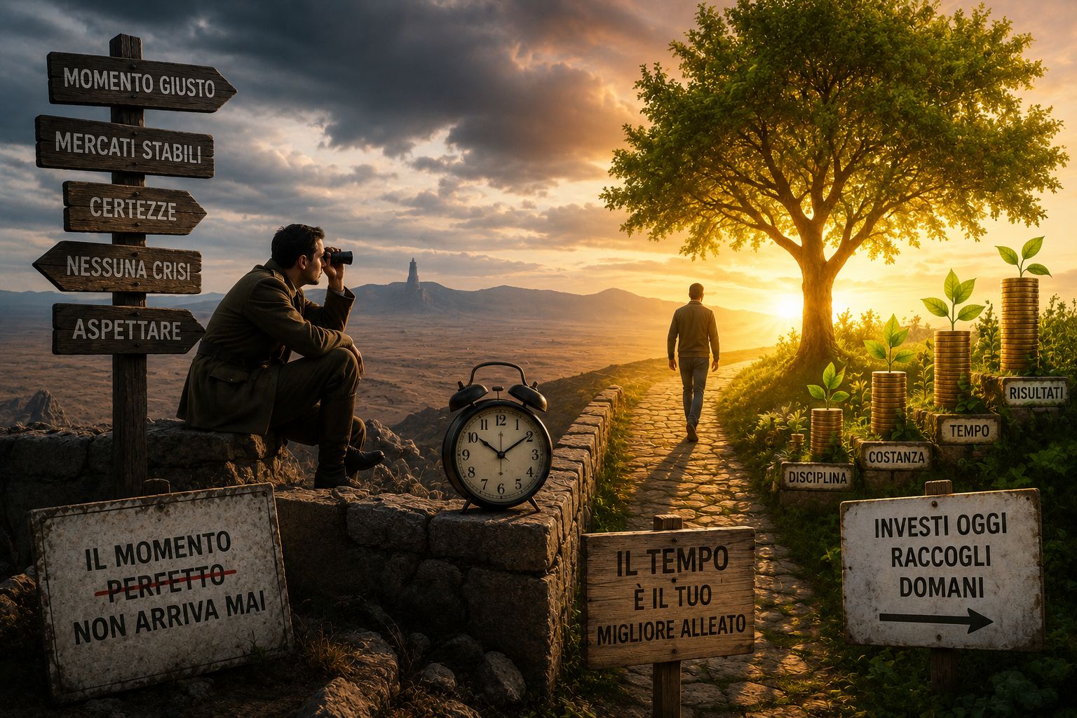 Uomo che aspetta il momento perfetto per investire mentre il tempo passa e il capitale cresce grazie alla pazienza e alla costanza