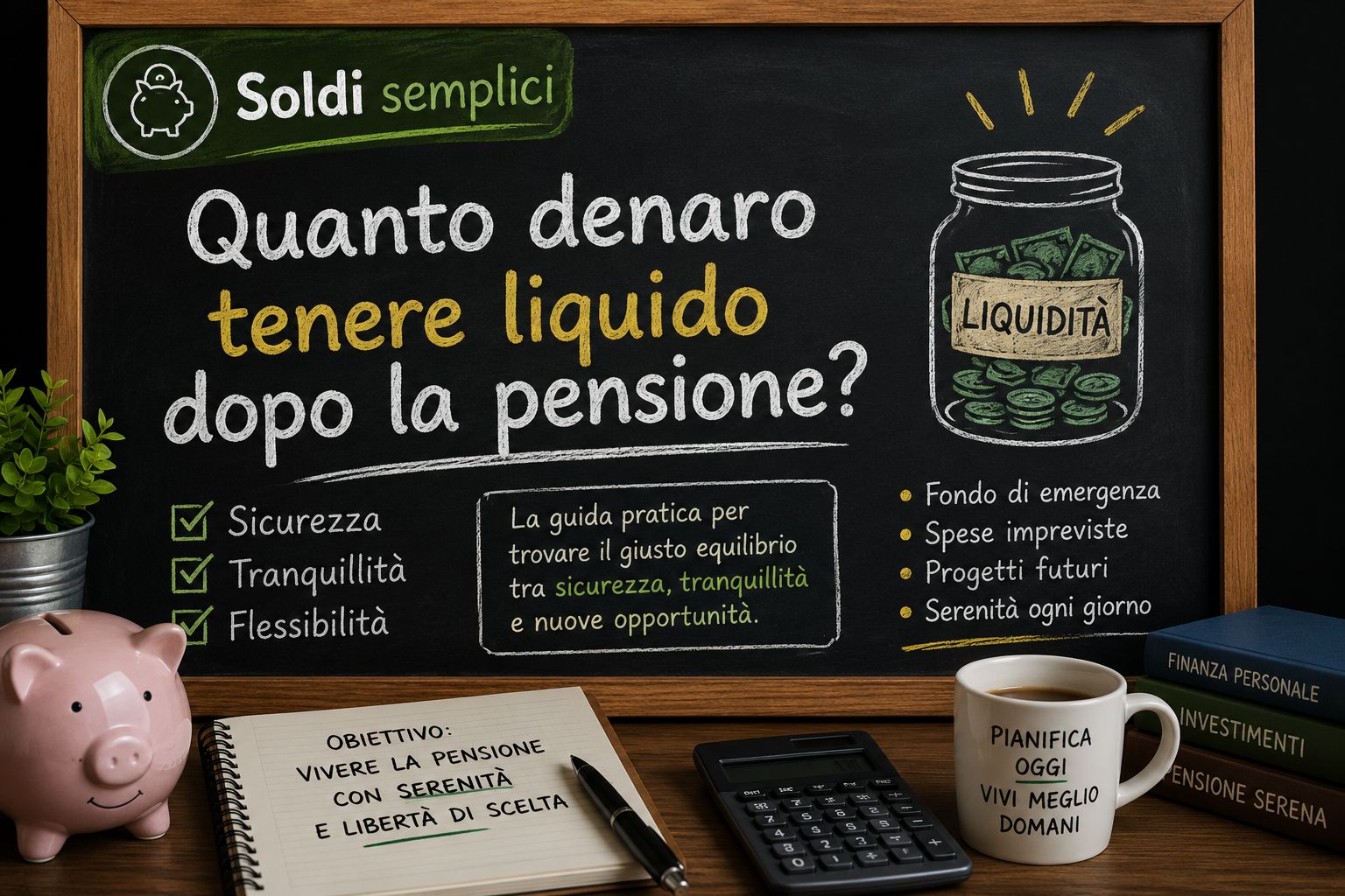 Soldi semplici: quanto denaro tenere liquido dopo la pensione? Lavagnetta con consigli per gestire la liquidità, il fondo di emergenza e la pianificazione finanziaria in p