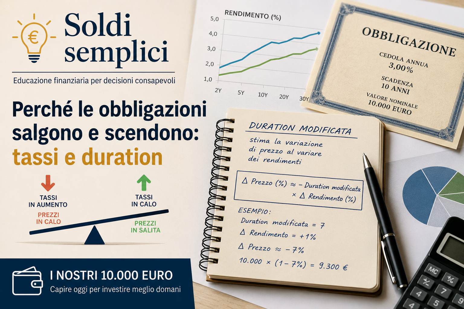Soldi semplici, tassi e duration spiegati con l'esempio di un investimento di 10.000 euro in obbligazioni