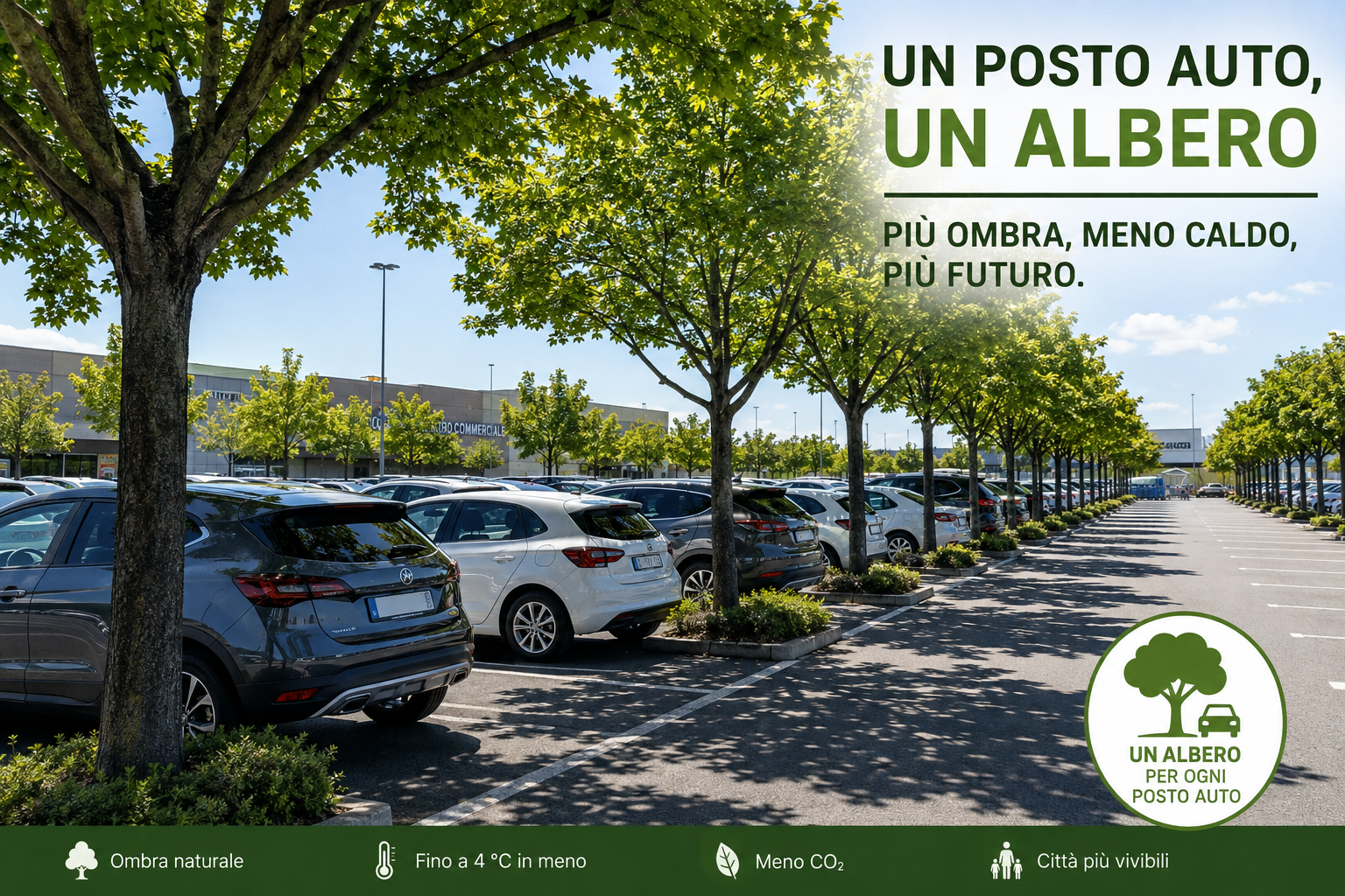 Grande parcheggio di un centro commerciale alberato con automobili parcheggiate all’ombra degli alberi durante una giornata estiva