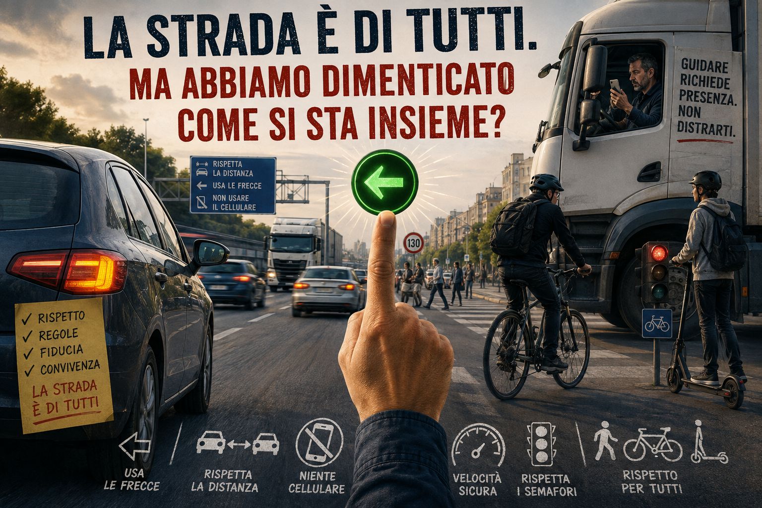 Traffico urbano e cattive abitudini sulla strada tra auto biciclette camion e monopattini