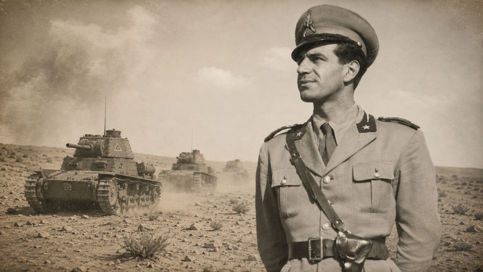 Ufficiale carrista italiano con carri dell’Ariete nel deserto, ricostruzione grafica per la storia di Giulio Santini.