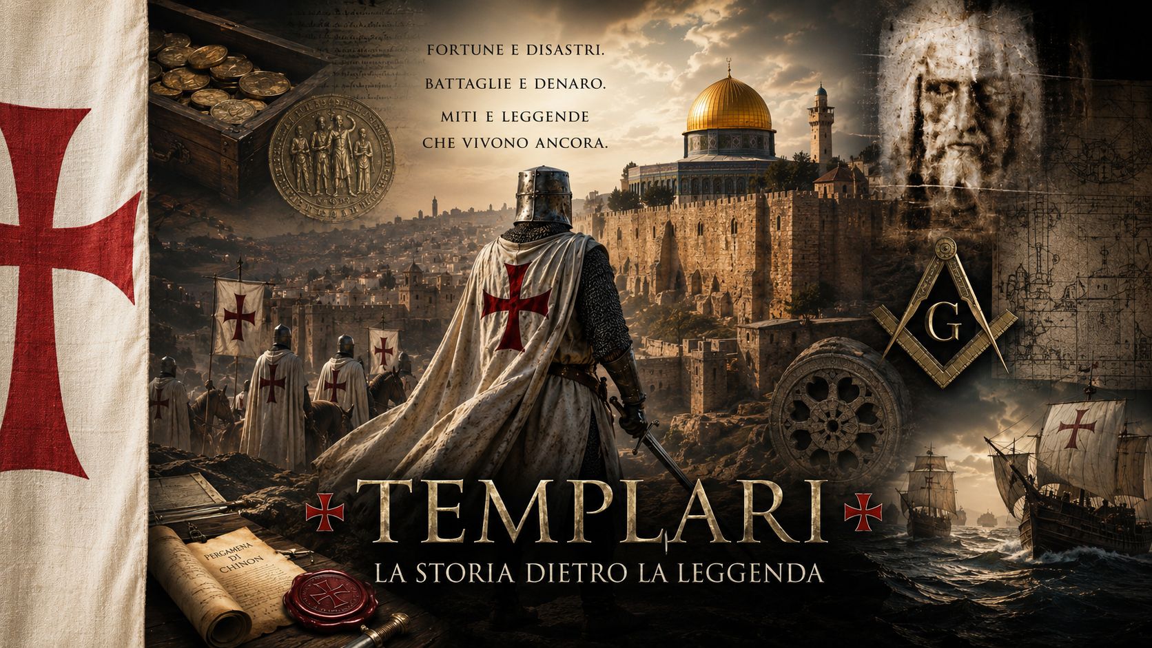 Cavaliere templare con mantello bianco e croce rossa nella saga sulla storia dei Templari
