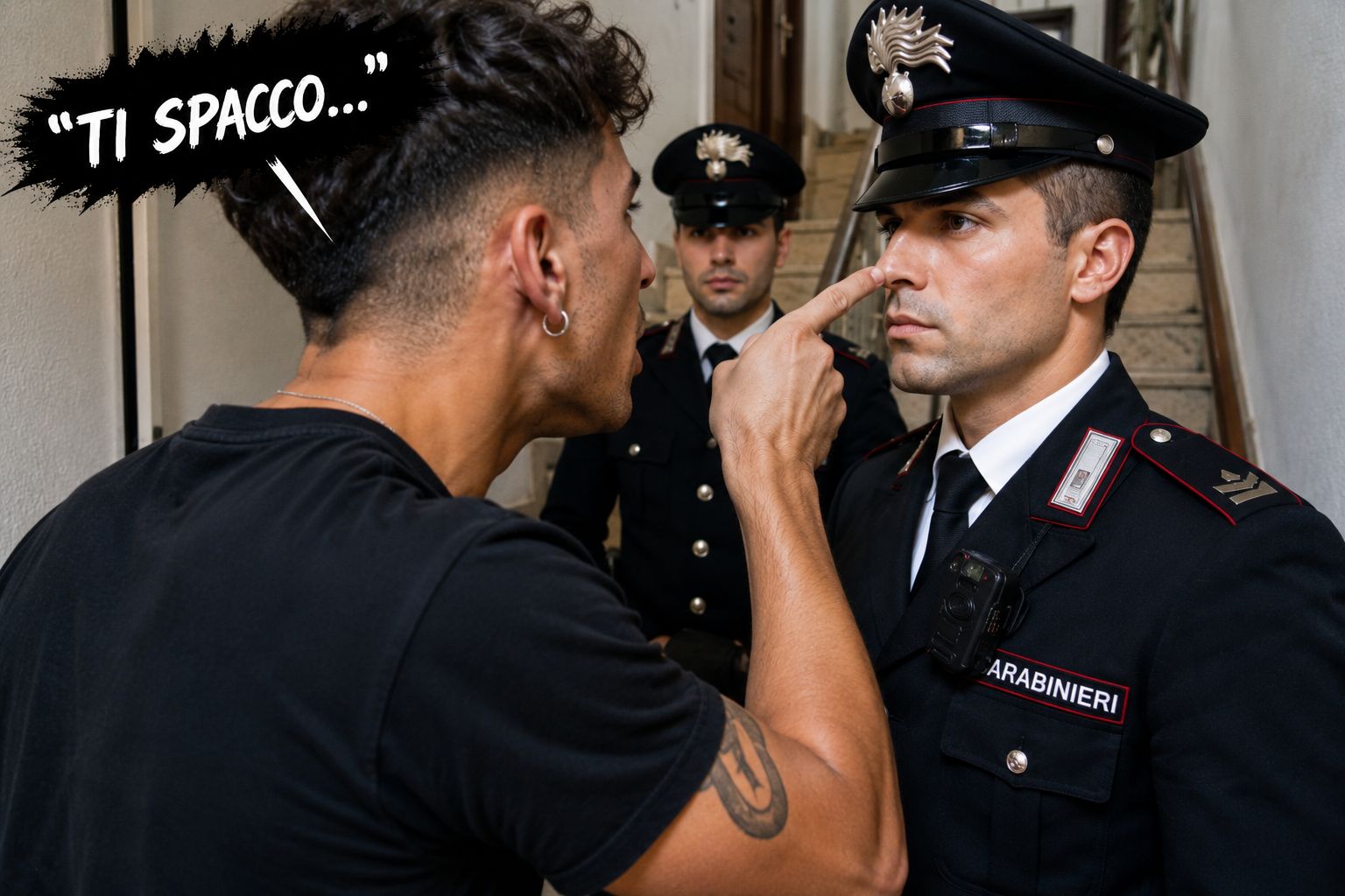 Due Carabinieri sulle scale di un condominio durante un intervento