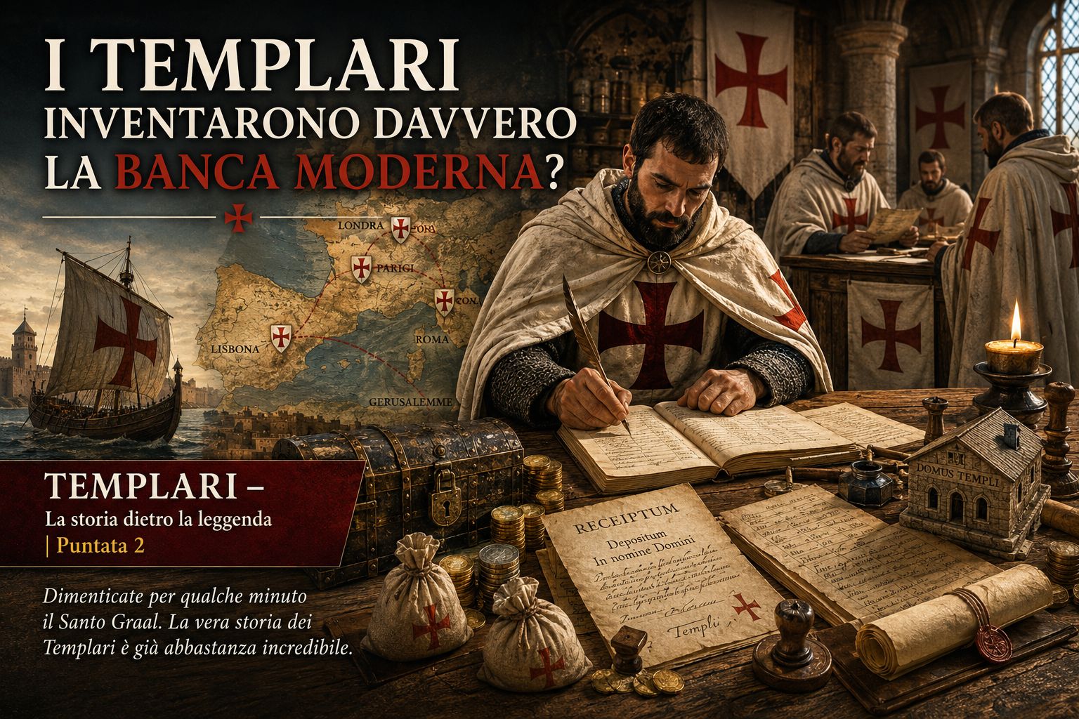 Cavaliere templare con monete e registri nella precettoria medievale