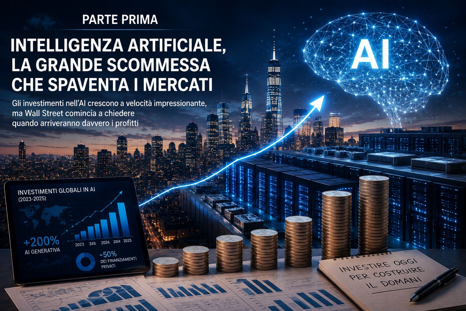 Investimenti nell’intelligenza artificiale tra crescita tecnologica, data center e dubbi sui rendimenti finanziari.