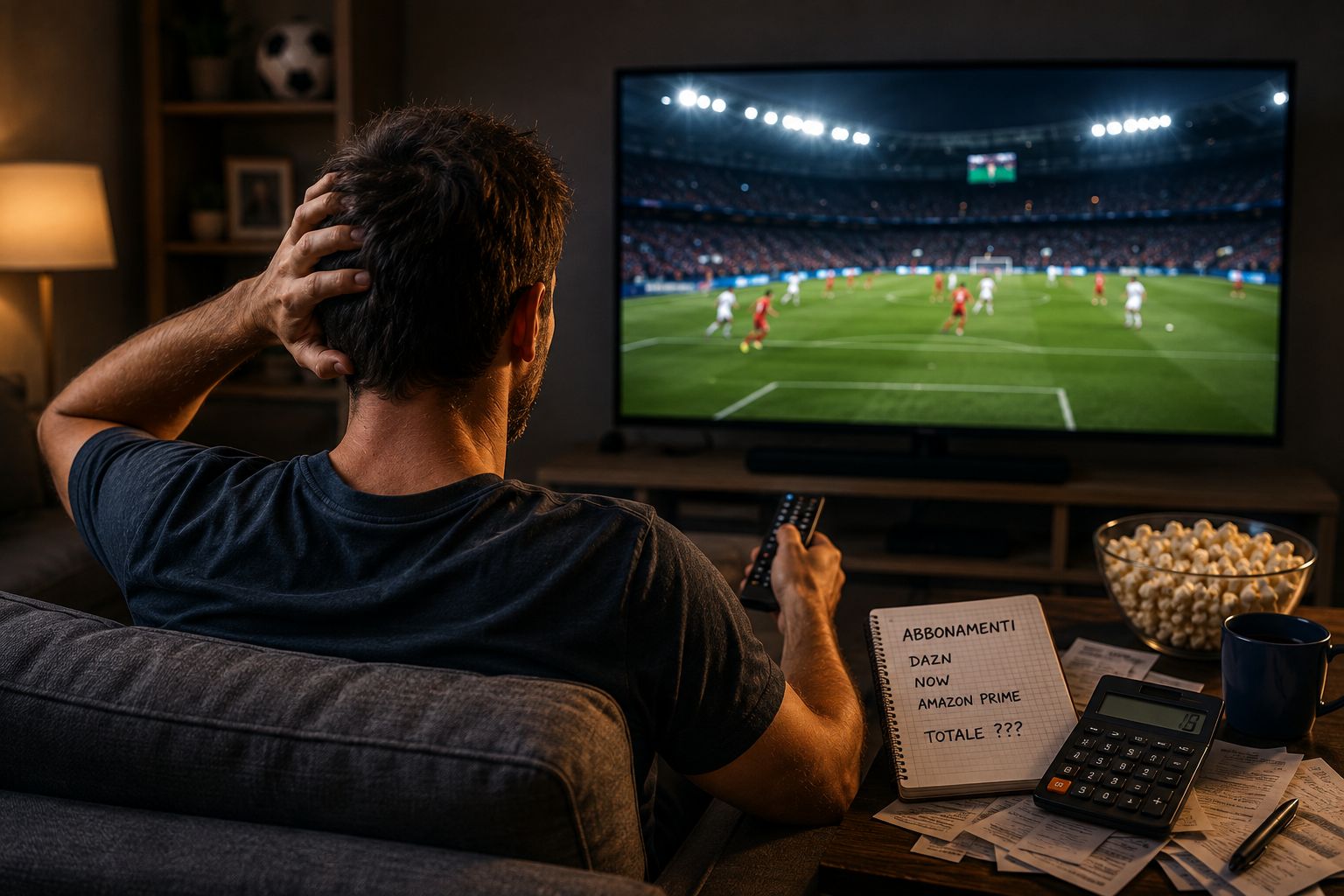 Tifoso che guarda il calcio in TV e calcola il costo degli abbonamenti