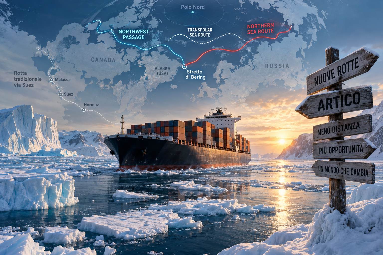 Mappa delle nuove rotte artiche tra Asia, Europa e Nord America