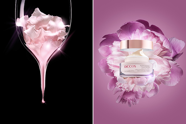 Fotografia di cosmetici Becos con petali rosa, calice e composizione floreale, realizzata da Gianpaolo Ferraro