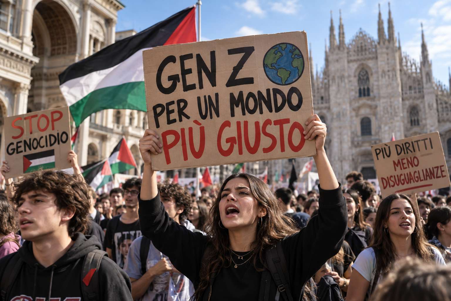 Giovani in piazza durante una manifestazione a Milano con cartelli e bandiere: il dibattito sulla rappresentanza giovanile