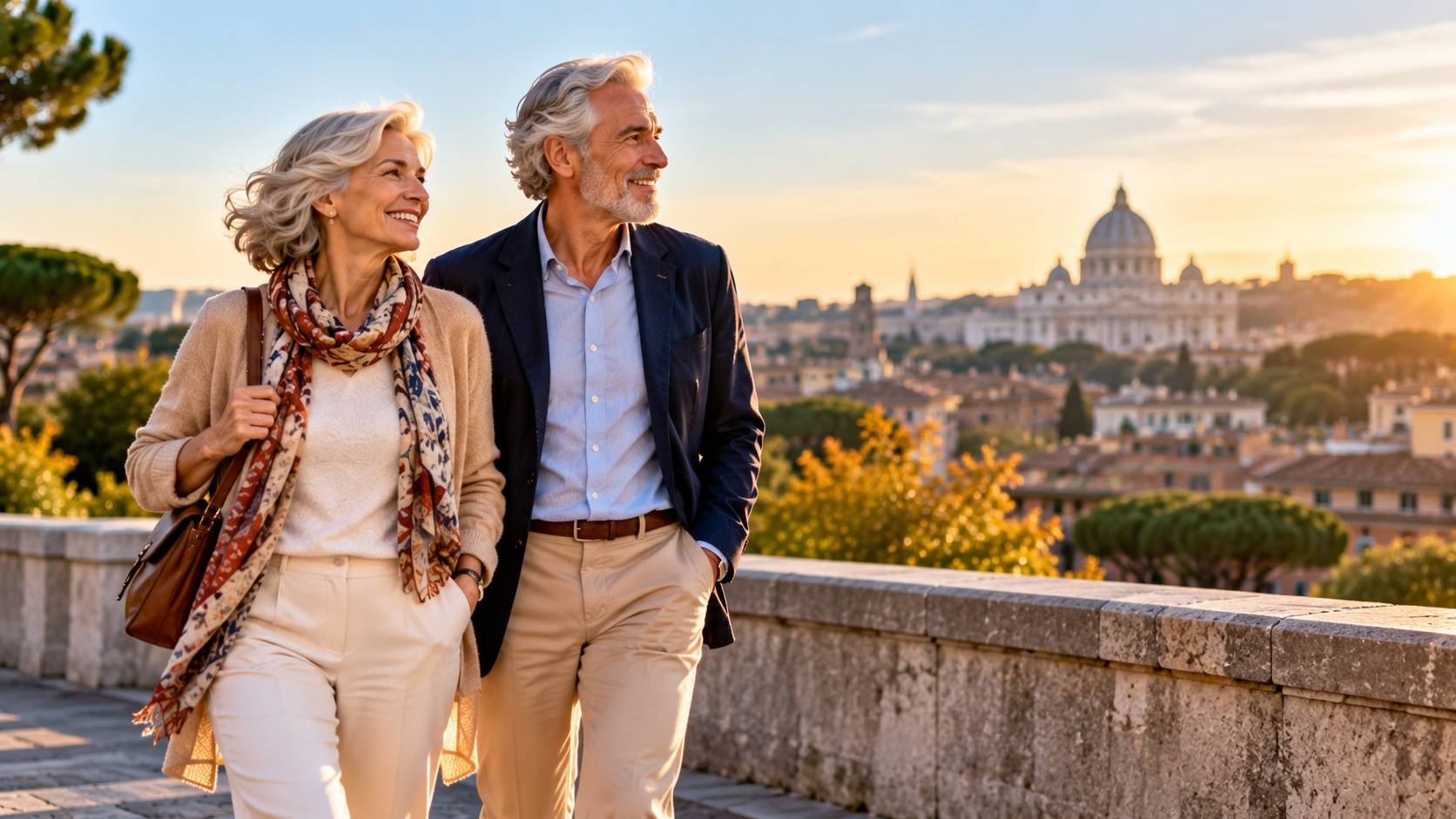 Coppia di persone senior attive passeggia in città, simbolo della longevità e del nuovo concetto di vecchiaia