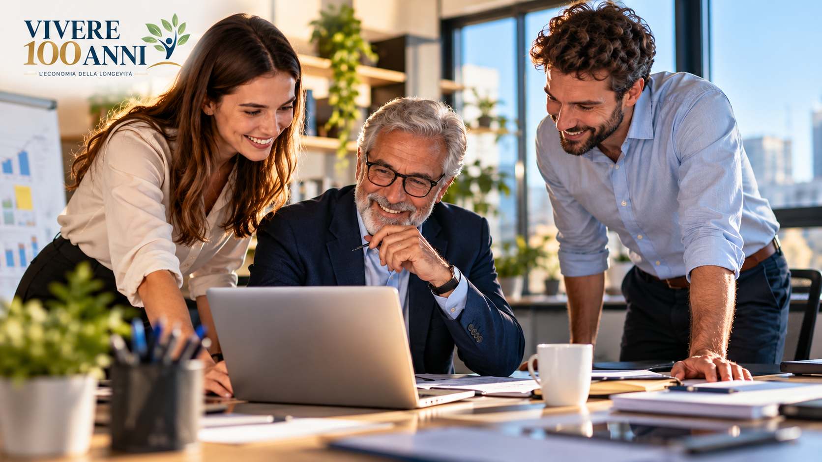 Lavoratore senior di circa 65 anni impegnato in un'attività professionale insieme a colleghi più giovani.