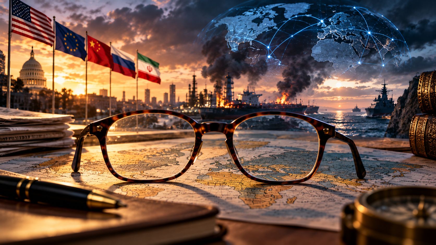 Geopolitica contemporanea e nuovo ordine mondiale rappresentati attraverso occhiali, mappa e tensioni internazionali