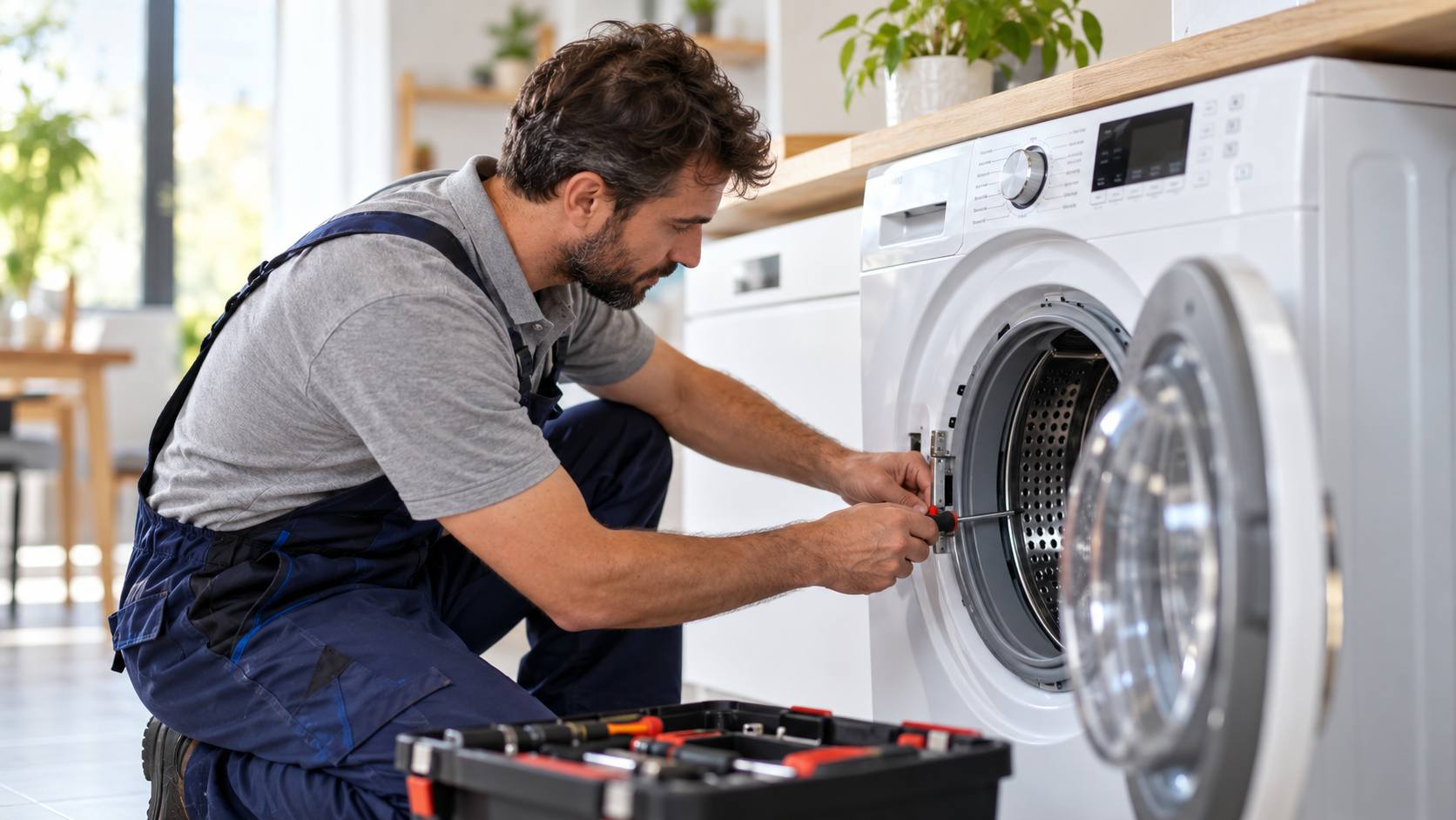 Tecnico ripara una lavatrice per il diritto alla riparazione degli elettrodomestici