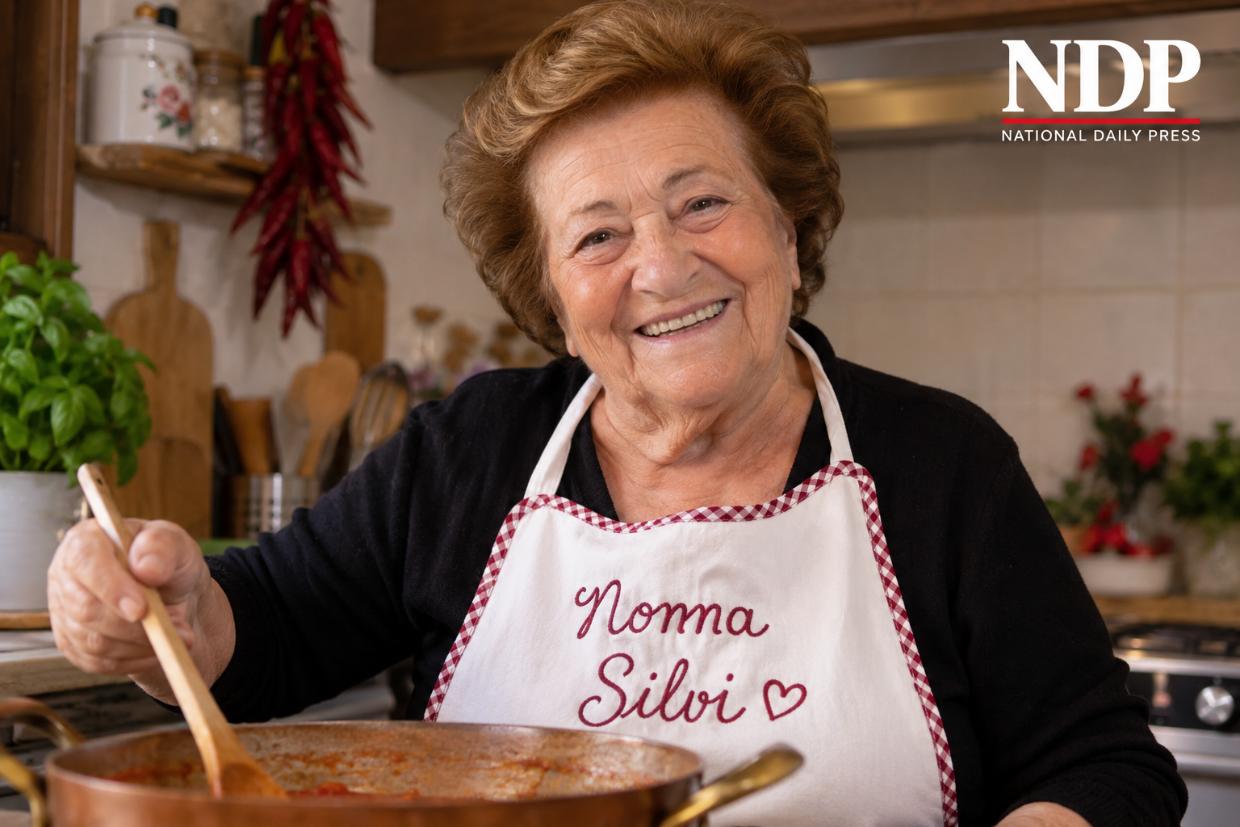 Nonna Silvi, la celebre cuoca toscana scomparsa a 85 anni, ritratta in una ricostruzione digitale nella sua cucina.